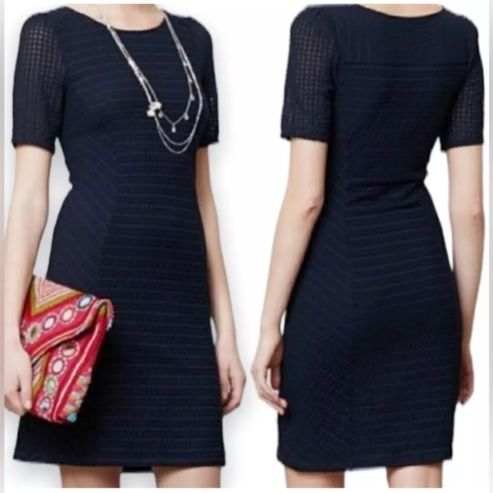 Anthropologie x Maeve Seersucker Textured Sheath Stretch Dress Navy Blue Sz‎ M